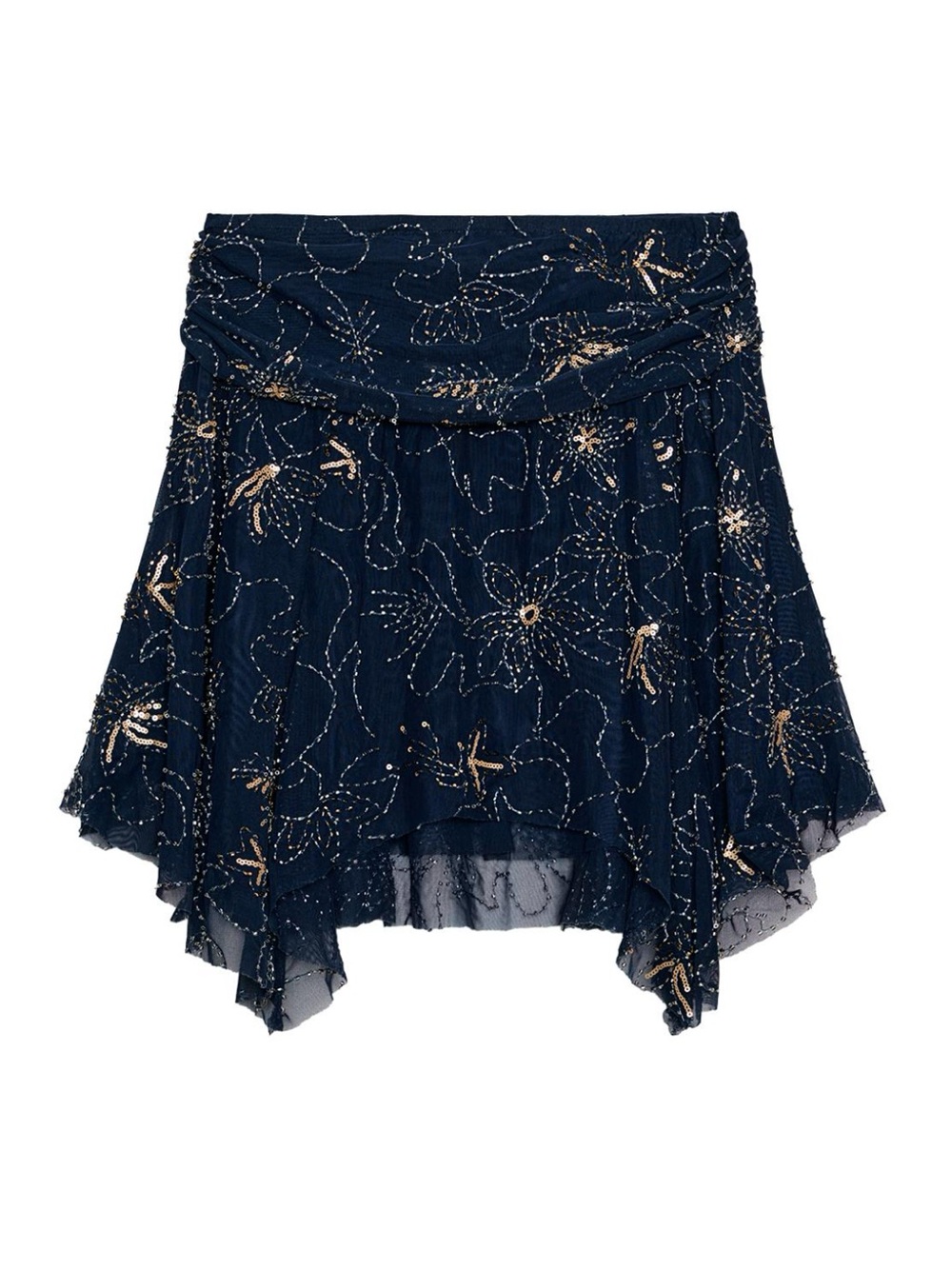 Zara Navy Embroidered Handkerchief Hem Skirt